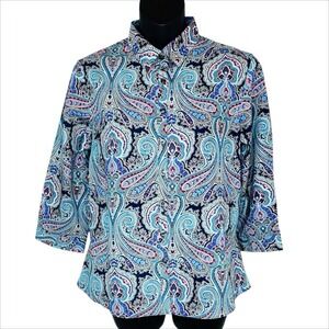Lands End No Iron Shirt 6P 6 Petite Blue Paisley Supima Cotton Tunic Top NWT NEW